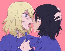 Rule 34 | 2girls, after kiss, andou (girls und panzer), bc freedom school uniform, black hair, blonde hair, blood, blood on face, blue eyes, face-to-face, girls und panzer, hand around neck, hand on another&#039;s head, high collar, kiss, long sleeves, medium hair, messy hair, multiple girls, open mouth, oshida (girls und panzer), pink background, school uniform, shimo gatake, simple background, tongue, yuri