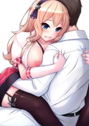 Rule 34 | 1boy, 1girl, azur lane, black hair, blonde hair, blouse, blue eyes, blush, breasts, clothed sex, fingerless gloves, fuuki (te fuukin), gloves, headband, hetero, highres, hug, large breasts, leander (azur lane), long hair, nipples, open clothes, open mouth, open shirt, sex, shirt, simple background, straddling, thighhighs, upright straddle, white background