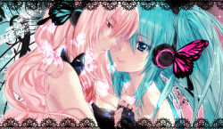 Rule 34 | 2girls, aqua eyes, aqua hair, aqua nails, bare shoulders, black gloves, breasts, butterfly wings, cleavage, commentary, fingerless gloves, gloves, hair between eyes, hat, hatsune miku, headphones, highres, holding, insect wings, long hair, looking at viewer, magnet (vocaloid), medium breasts, megurine luka, mini hat, multiple girls, pink hair, roozaku, smile, twintails, vocaloid, wings, yuri