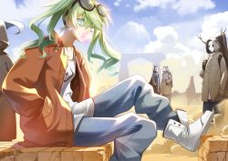 Rule 34 | 1girl, bad id, bad pixiv id, blowing bubbles, chewing gum, cross akiha, earrings, eyewear on head, green eyes, green hair, hatsune miku, jewelry, long hair, looking at viewer, sitting, solo focus, suna no wakusei (vocaloid), twintails, vocaloid