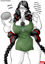 Rule 34 | 1girl, apron, areola slip, bayonetta, bayonetta (series), bayonetta 3, black hair, braid, covered erect nipples, earrings, english text, eyeshadow, glasses, gluteal fold, highres, iced latte with breast milk (meme), jewelry, lipstick, long hair, looking at viewer, makeup, meme, meme attire, mole, mole under mouth, multicolored hair, naked apron, red hair, simple background, smile, solo, starbucks siren, streaked hair, twin braids, witchking00