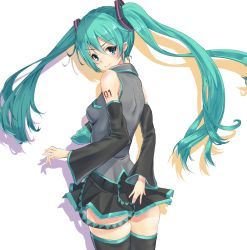 Rule 34 | 1girl, bad id, bad pixiv id, detached sleeves, green eyes, green hair, hatsune miku, highres, long hair, matching hair/eyes, melsy, skirt, solo, thighhighs, twintails, very long hair, vocaloid