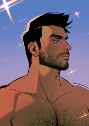 Rule 34 | 1boy, bara, beard, black hair, brown eyes, chest hair, closed mouth, facial hair, highres, large pectorals, looking to the side, male focus, manly, mature male, muscular, muscular male, original, pectorals, seupil hyugo (spirohugo), short hair, sideburns, simple background, solo, thick eyebrows, topless male, upper body