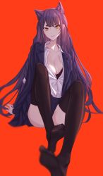 Rule 34 | 1girl, absurdres, animal ears, arms behind back, black bra, black thighhighs, blazer, bra, breasts, cleavage, closed mouth, collarbone, feet, foot focus, fox ears, highres, jacket, long hair, looking at viewer, medium breasts, no shoes, open clothes, open shirt, original, purple hair, purple jacket, purple skirt, red background, school uniform, shirt, sitting, skirt, smile, soles, solo, swallow zzy, thighhighs, toes, underwear, white shirt, yellow eyes
