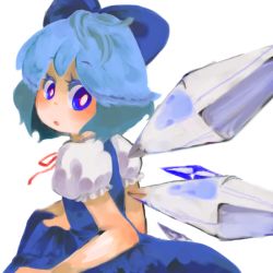 Rule 34 | 1girl, cirno, embodiment of scarlet devil, female focus, from side, oekaki, simple background, solo, touhou, white background