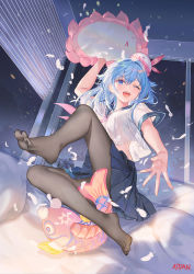 Rule 34 | 1girl, ;d, arm up, atdan, blue eyes, blue hair, blue skirt, crop top, crop top overhang, fang, feet, grey pantyhose, haiyi, hat, highres, holding, jellyfish, leg up, long hair, looking at viewer, midriff, miniskirt, neckerchief, no shoes, one eye closed, open mouth, pantyhose, pillow, pleated skirt, sailor collar, school uniform, serafuku, shirt, short sleeves, skirt, smile, solo, synthesizer v, white shirt