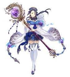 Rule 34 | 1girl, bare shoulders, black hair, bone, earrings, frilled skirt, frills, full body, fur trim, grey eyes, hat, holding, holding staff, jewelry, jino, kaguya (sinoalice), looking at viewer, off shoulder, official art, sandals, sinoalice, skirt, skull, smile, solo, staff, thighhighs, white background, wide sleeves