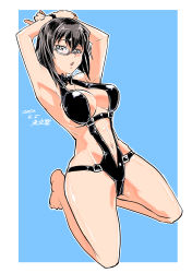 Rule 34 | 1girl, absurdres, armpits, arms behind head, arms up, artist name, barefoot, black choker, black eyes, black hair, black one-piece swimsuit, blue background, bow choker, bracelet, breasts, choker, dated, girls und panzer, grey-framed eyewear, half-closed eyes, highres, jewelry, kawashima momo, kneeling, large breasts, leaning back, looking at viewer, monocle, one-piece swimsuit, open mouth, outline, outside border, semi-rimless eyewear, shinkuukan (tetsuo3), short hair, signature, slingshot swimsuit, solo, swimsuit, under-rim eyewear, white outline