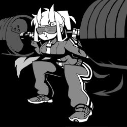 Rule 34 | 1girl, alternate costume, black background, breasts, commentary, demon girl, demon horns, exercising, full body, greyscale, helltaker, horns, jacket, large breasts, long hair, loremaster (helltaker), monochrome, official art, pants, ponytail, pout, shirt, shoes, simple background, solo, sweat, vanripper, weightlifting
