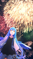 Rule 34 | 1girl, :d, aerial fireworks, ahoge, aoi thomas, black dress, blue hair, collarbone, commentary request, dress, fireworks, highres, long hair, long sleeves, night, night sky, open mouth, original, outdoors, pantyhose, puffy long sleeves, puffy sleeves, red eyes, sky, sleeves past wrists, smile, solo, standing, very long hair, white pantyhose