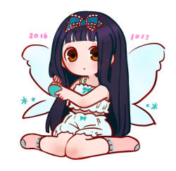 Rule 34 | 1girl, :o, alternate costume, bare arms, bare shoulders, black hair, blue bow, blunt bangs, blunt ends, bow, brown eyes, brushing hair, brushing own hair, chabi (amedama), crop top, dated, fairy, fairy wings, full body, hair bow, hair brush, hand in own hair, hands up, holding, holding brush, holding hair, knees together feet apart, long hair, looking at viewer, midriff peek, no nose, no shoes, pajamas, parted lips, pink socks, simple background, sitting, sleepwear, sleeveless, socks, solo, star sapphire, tareme, touhou, very long hair, wariza, white background, wings