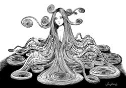 Rule 34 | 1girl, absurdly long hair, blank eyes, breasts, cleavage, closed mouth, greyscale, highres, itou junji, long hair, looking at viewer, monochrome, nude, original, signature, simple background, solo, very long hair, white background