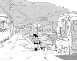 Rule 34 | 2girls, backpack, bag, boots, building, bus, bush, coat, commentary, greyscale, harbor, highres, holding, holding map, long hair, map, monochrome, motor vehicle, muji (uimss), multiple girls, original, outdoors, power lines, reading, road, road sign, sign, sitting, standing, sweatdrop, utility pole, wide shot