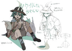 Rule 34 | 1other, adapted costume, androgynous, animal, animal on hand, antennae, blue cape, boots, brown jacket, brown shorts, cape, closed mouth, commentary request, favnvs (s910a ib6), green eyes, green hair, grey footwear, hair between eyes, highres, holding, holding paper, jacket, kesa kujiru, kesa kujiru (slug), len&#039;en, long sleeves, open mouth, other focus, paper, pocket, short hair, shorts, sitting, slug, translation request