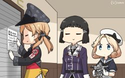Rule 34 | 3girls, anchor hair ornament, black neckwear, blonde hair, blue eyes, blue sailor collar, braid, braided bun, brown hair, character request, closed eyes, commentary request, cross, dated, dress, flag print, gloves, hair bun, hair ornament, hamu koutarou, hat, highres, iron cross, janus (kancolle), kantai collection, long hair, looking at another, low twintails, military, military hat, military uniform, multiple girls, myoukou (kancolle), one-hour drawing challenge, parted bangs, pleated skirt, prinz eugen (kancolle), sailor collar, sailor dress, single hair bun, skirt, smile, standing, translation request, twintails, uniform, white gloves, white headwear, white skirt