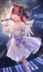 Rule 34 | 1girl, :d, bare shoulders, black hair, blue eyes, blush, bow, breasts, choker, cleavage, collarbone, commentary request, cone hair bun, dress, feet out of frame, flower, foreshortening, gloves, hair bun, hair ribbon, heterochromia, highres, holding, holding microphone, kurokiri aria, looking at viewer, medium breasts, microphone, momoshiki tsubaki, multicolored hair, official art, open mouth, outstretched arm, pink hair, plivyou, purple bow, purple ribbon, red eyes, ribbon, rose, see-through, smile, solo, standing, standing on one leg, strapless, strapless dress, streaked hair, two-tone hair, virtual youtuber, white choker, white dress, white flower, white gloves, white rose