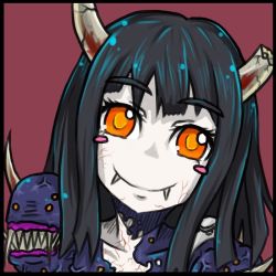 Rule 34 | 1girl, apostle ache, blush stickers, close-up, fangs, female focus, get amped, green hair, horns, monster girl, orange eyes, pale skin, personification, samael (5211), smile, solo