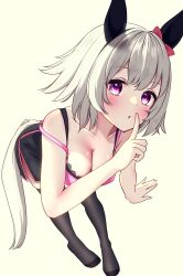 Rule 34 | 1girl, absurdres, alternate costume, animal ears, bent over, blurry, blush, breasts, cleavage, collarbone, commentary request, curren chan (umamusume), grey hair, highres, horse ears, horse girl, horse tail, looking at viewer, medium breasts, one eye closed, open mouth, ponta (1859ysmssstsp), purple eyes, simple background, solo, tail, umamusume, weighing scale, white background