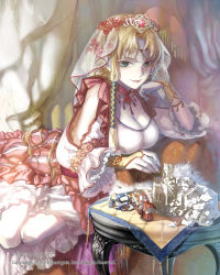 Rule 34 | 1girl, blonde hair, breasts, broken, castle, chair, head rest, cleavage, couch, curtains, figure, green eyes, hair tubes, headdress, long hair, looking at viewer, model building, patterned upholstery, red upholstery, sheer curtains, skirt, smile, solo, table, tenkuu no crystalia, ushi (newrein), watermark