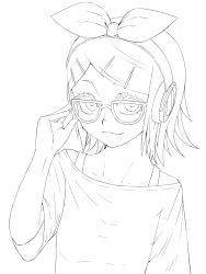 Rule 34 | 1girl, bare shoulders, bespectacled, glasses, greyscale, hair ornament, hair ribbon, hairclip, headphones, highres, jaco, kagamine rin, lineart, looking at viewer, monochrome, ribbon, short hair, smile, solo, vocaloid