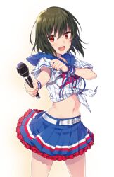 Rule 34 | 1girl, belt, blue skirt, blue wristband, blush, breasts, cowboy shot, frilled skirt, frills, green hair, hands up, holding, holding microphone, idolmaster, idolmaster million live!, idolmaster million live! theater days, looking at viewer, microphone, midriff, miniskirt, nagayoshi subaru, navel, open mouth, pleated skirt, print shirt, red eyes, shirt, short hair, short sleeves, simple background, skirt, sleeve pull, small breasts, smile, solo, standing, striped clothes, striped shirt, striped wristband, suggeee486, teeth, text print, tied shirt, upper teeth only, white background, white belt, white shirt