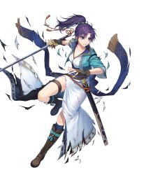 Rule 34 | 1girl, boots, fingerless gloves, fir (fire emblem), fire emblem, fire emblem: the binding blade, fire emblem heroes, full body, gloves, highres, japanese clothes, kiyu (zuyu), knee boots, long hair, nintendo, non-web source, obi, official art, ponytail, purple eyes, purple hair, sash, short sleeves, solo, sword, thigh strap, torn clothes, transparent background, weapon
