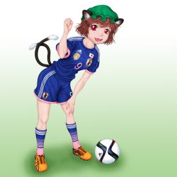 Rule 34 | 1girl, 2015 fifa women&#039;s world cup, alternate costume, animal ears, ayashin (sin saku-cool), ball, brown hair, cat ears, cat tail, chen, clenched hand, earrings, fingernails, gradient background, green background, hand on own knee, hand up, hat, japan, japanese flag, jewelry, leaning forward, looking at viewer, mob cap, multiple tails, nail polish, open mouth, pink nails, red eyes, sharp fingernails, shoes, short hair, simple background, sneakers, soccer, soccer ball, soccer uniform, socks, solo, sportswear, striped clothes, striped legwear, striped socks, tail, touhou, tube socks, world cup