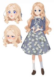 Rule 34 | 1girl, 2l (2lsize), blonde hair, blue dress, blue eyes, blush, braid, commentary request, dress, expressions, floral print, french braid, full body, glasses, hair ribbon, highres, lily (2l), loafers, long hair, multiple views, open mouth, original, own hands together, parted bangs, pout, print dress, ribbon, round eyewear, shoes, simple background, socks, steepled fingers, sweatdrop, thick eyebrows, wavy hair, white background, white socks