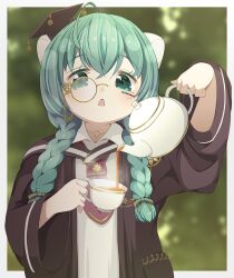 Rule 34 | 1girl, barcode, barcode tattoo, blurry, blurry background, border, braid, brown robe, collared shirt, cup, drias, facial tattoo, green eyes, green hair, hair over shoulder, hands up, hat, headgear, holding, holding cup, holding teapot, indie virtual youtuber, itopoid, long hair, long sleeves, looking at object, low twin braids, mini hat, monocle, monocle chain, mortarboard, necktie, open clothes, open robe, outside border, pouring, red necktie, robe, shirt, solo, tattoo, tea, teacup, teapot, tilted headwear, twin braids, upper body, virtual youtuber, white border, white shirt