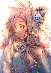 Rule 34 | 1girl, bare shoulders, blurry, blurry foreground, breasts, brown hair, closed mouth, commentary request, depth of field, dress, glowing, granblue fantasy, highres, long hair, looking away, red eyes, shouna mitsuishi, signature, sleeveless, sleeveless dress, small breasts, smile, solo, upper body, very long hair, white dress, yatima