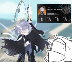 Rule 34 | 1boy, 1other, ?, ??, andoain (arknights), animal, arknights, cape, cellphone, chibi, closed eyes, closed mouth, doctor (arknights), english text, fish, full body, grey hair, hand up, highres, holding, holding animal, holding fish, mackerel (fish), male focus, paegeon, phone, short hair