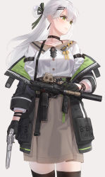 Rule 34 | 1girl, black gloves, black thighhighs, bow, breasts, choker, closed mouth, earrings, gloves, green eyes, gun, hair between eyes, hair bow, hair ornament, hairclip, handgun, highres, holding, holding gun, holding weapon, jacket, jewelry, kfr, long skirt, looking to the side, medium breasts, open clothes, open jacket, original, ponytail, revolver, shirt, skirt, solo, standing, thighhighs, weapon, white hair, white shirt