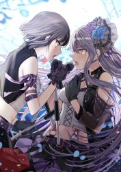 Rule 34 | 2girls, bad id, bad pixiv id, bang dream!, belt, black gloves, blue flower, blue rose, breasts, brown eyes, commentary request, face-to-face, flower, from side, gambe, gloves, hair flower, hair ornament, holding, long hair, medium breasts, microphone, microphone stand, midriff, minato yukina, mitake ran, multiple girls, music, navel, o-ring, open mouth, purple flower, purple hair, purple rose, purple skirt, rose, short hair, singing, skirt, standing, suspenders, sweat, very long hair