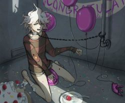 Rule 34 | balloon, bare legs, barefoot, brown shirt, cake, chain, chained, collar, collarbone, commentary, congratulations, danganronpa (series), danganronpa another episode: ultra despair girls, english commentary, food, komaeda nagito, light, looking at viewer, lower teeth only, male focus, messy hair, metal collar, open mouth, plate, red shirt, servant (danganronpa), shirt, short hair, sitting, solo, striped clothes, striped shirt, teeth, wariza, yandr4hope