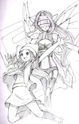 Rule 34 | 2girls, arms up, bikini, bra, breasts, butterfly wings, digimon, digimon frontier, dual persona, facial mark, fairimon, fairy, garter straps, hair ornament, hat, insect wings, long hair, mask, medium breasts, multiple girls, navel, orimoto izumi, panties, shirt, shoulder pads, sketch, skirt, smile, socks, striped clothes, striped shirt, swimsuit, thighhighs, underwear, vest, visor (armor), wings