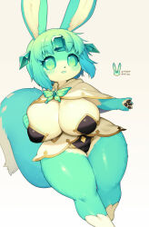 Rule 34 | 1girl, blush, breasts, carbuncle, cleavage, curvy, fangs, forehead jewel, furry, furry female, green eyes, green fur, highres, huge breasts, multicolored fur, okiai umi, rabbit ears, revealing clothes, short hair, shortstack, tail, thick thighs, thighs, white fur, wide hips