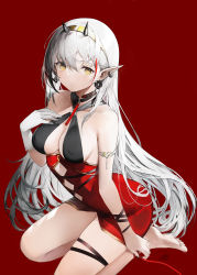 Rule 34 | bare shoulders, breasts, cleavage, covered erect nipples, ear piercing, earrings, elf, hairband, halterneck, haori io, highres, jewelry, kneeling, large breasts, legs together, looking at viewer, original, piercing, pointy ears, red background, seiza, sitting, thigh strap, thighs, white hair, yellow eyes
