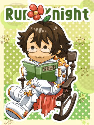 Rule 34 | 1boy, :3, armor, armored boots, arrow cross, book, boots, breastplate, brown hair, cape, chair, chibi, closed mouth, commentary request, cross, crossed legs, flower, flower on head, full body, gauntlets, glasses, green background, holding, holding book, leg armor, long bangs, male focus, outside border, pauldrons, polka dot, polka dot background, ragnarok online, reading, red cape, red flower, rocking chair, rune knight (ragnarok online), short hair, shoulder armor, smile, solid circle eyes, solo, spiked pauldrons, tokixwaa