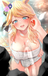 Rule 34 | 1girl, absurdres, animal ears, arm under breasts, arm up, bad id, bad pixiv id, black ribbon, blonde hair, blue eyes, blurry, blurry foreground, blush, breasts, cleavage, commentary request, depth of field, flower, gold city (umamusume), hair flower, hair ornament, hair ribbon, highres, horse ears, horse girl, kokoa ninniku, large breasts, leaf, long hair, looking at viewer, naked towel, onsen, open mouth, phallic symbol, ribbon, rock, solo, standing, teeth, towel, umamusume, upper teeth only, water