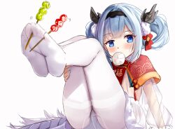 Rule 34 | 1girl, azur lane, between toes, blue eyes, blue hair, blue panties, chinese commentary, commentary request, dango, feet, food, hair rings, hamiro, legs up, lung wu (ascendant dragon&#039;s spring feast) (azur lane), lung wu (azur lane), mouth hold, no shoes, official alternate costume, panties, panties under pantyhose, pantyhose, short hair, skewer, soles, solo, thighband pantyhose, toes, underwear, wagashi, white background, white pantyhose