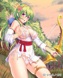 Rule 34 | 1girl, ahoge, arrow (projectile), blush, bow (weapon), bracelet, breasts, cleavage, cloud, covered erect nipples, cowboy shot, detached sleeves, dress, green hair, hair ornament, hairband, jewelry, kawase seiki, large breasts, legband, long hair, long sleeves, looking at viewer, midriff, nail polish, navel, no bra, official art, open mouth, original, outdoors, panties, pink eyes, purple eyes, quiver, sash, see-through, side-tie panties, solo, standing, sunset, sweat, torn clothes, torn dress, tree, underwear, very long hair, watermark, weapon, white dress, white panties