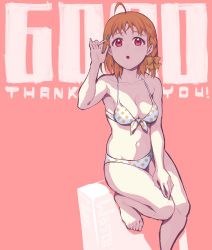 Rule 34 | 1girl, ahoge, bikini, breasts, cleavage, looking up, love live!, love live! sunshine!!, open mouth, orange hair, red eyes, simple background, swimsuit, takami chika, waste-man