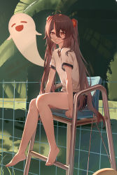 Rule 34 | 1girl, absurdres, barefoot, boo tao (genshin impact), brown hair, closed eyes, feet, genshin impact, ghost, hair between eyes, highres, hu tao (genshin impact), legs, looking at viewer, open mouth, red eyes, shirt, shorts, smile, solo, star-shaped pupils, star (symbol), symbol-shaped pupils, toes, tu er tm, white shirt