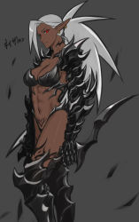 Rule 34 | 1girl, abs, absurdres, armor, bad id, bad pixiv id, breasts, cleavage, dagger, dark-skinned female, dark elf, dark skin, drill (emilio), earrings, elf, fantasy, gauntlets, greaves, grey background, grey hair, highres, holding, holding dagger, holding knife, holding weapon, jewelry, knife, leg tattoo, long hair, navel, neck tattoo, neytharone (drill (emilio)), original, parted lips, pauldrons, pointy ears, ponytail, pubic tattoo, red eyes, shoulder armor, simple background, slit pupils, solo, tattoo, toned, weapon