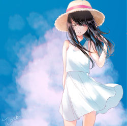 Rule 34 | 1girl, arm at side, arm up, bad id, bad pixiv id, black hair, blue collar, blue sky, brown hat, closed eyes, collar, collared dress, commentary request, day, dress, flowing dress (dq), hand in own hair, hat, hat ribbon, long hair, original, pink ribbon, ribbon, sky, sleeveless, sleeveless dress, standing, straw hat, suono, white dress, wing collar