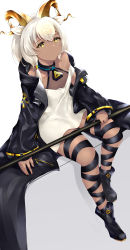 Rule 34 | 1girl, absurdres, animal ears, arknights, bare shoulders, beeswax (arknights), black coat, black footwear, black ribbon, boots, coat, commentary, dark-skinned female, dark skin, dress, grey background, highres, holding, holding staff, horns, leg ribbon, long sleeves, looking at viewer, off-shoulder dress, off shoulder, open clothes, open coat, parted lips, qiye jiexian, ribbon, short dress, short hair, silver hair, sitting, solo, staff, thighs, two-tone background, white background, white dress, yellow eyes