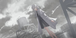 Rule 34 | 1girl, absurdres, black necktie, blue eyes, building, chihuri, closed mouth, collared shirt, commentary request, dutch angle, ende (chihuri), feet out of frame, grey hair, grey skirt, grey vest, hair between eyes, highres, jacket, ladder, long hair, long sleeves, necktie, open clothes, open jacket, original, outdoors, overcast, shirt, skirt, sky, smile, solo, standing, vest, water tower, white jacket, white shirt