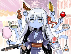 Rule 34 | 1girl, :&lt;, bag, bagged fish, blue eyes, blue skin, breasts, candy apple, chibi, chocolate banana, colored skin, corn, cotton candy, earrings, emphasis lines, extra arms, fate/grand order, fate (series), fireworks, fish, food, fried squid, goldfish, grey hair, grilled corn, japanese clothes, jewelry, kali (fate), kimono, large breasts, long hair, ono misao, pop gun, shaved ice, snake, summer festival, takoyaki, third eye, yukata