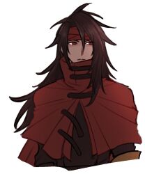 Rule 34 | 1boy, black hair, black shirt, clawed gauntlets, cloak, closed mouth, cropped torso, final fantasy, final fantasy vii, hair between eyes, headband, high collar, highres, long hair, looking to the side, male focus, messy hair, nitoya 00630a, red cloak, red eyes, red headband, serious, shirt, solo, vincent valentine, white background
