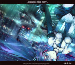 Rule 34 | 1girl, ao jun, bad id, bad pixiv id, breasts, cityscape, detached sleeves, female focus, hatsune miku, letterboxed, necktie, night, night sky, skirt, sky, solo, upside-down, vocaloid